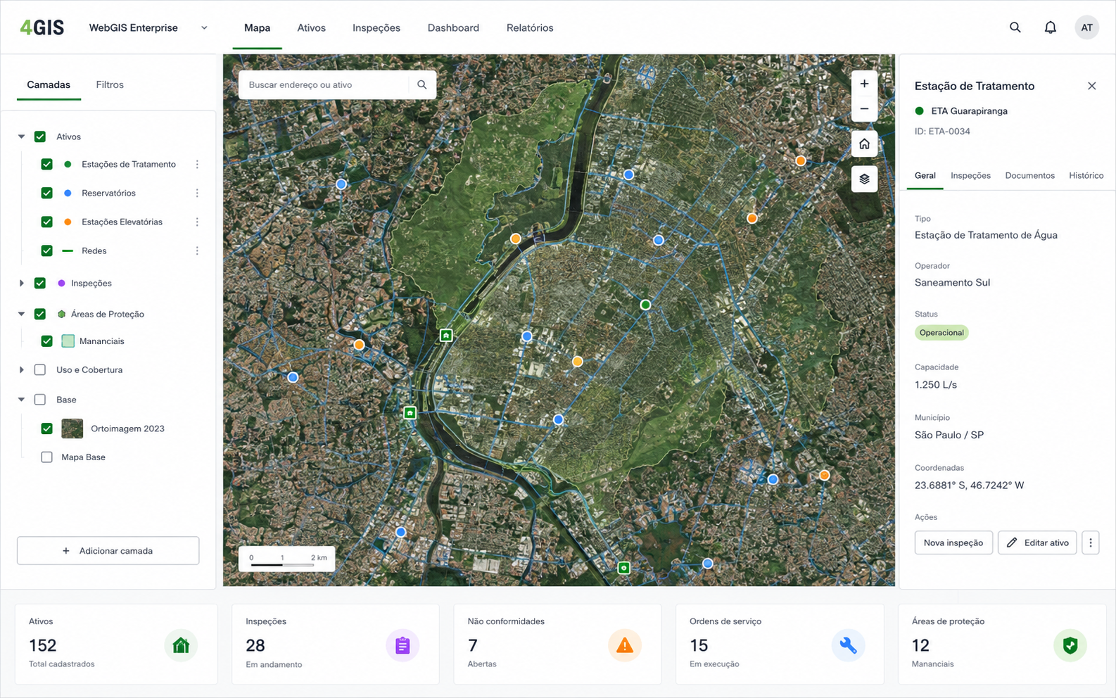 Plataforma WebGIS 4GIS com mapa, camadas e ficha de ativo
